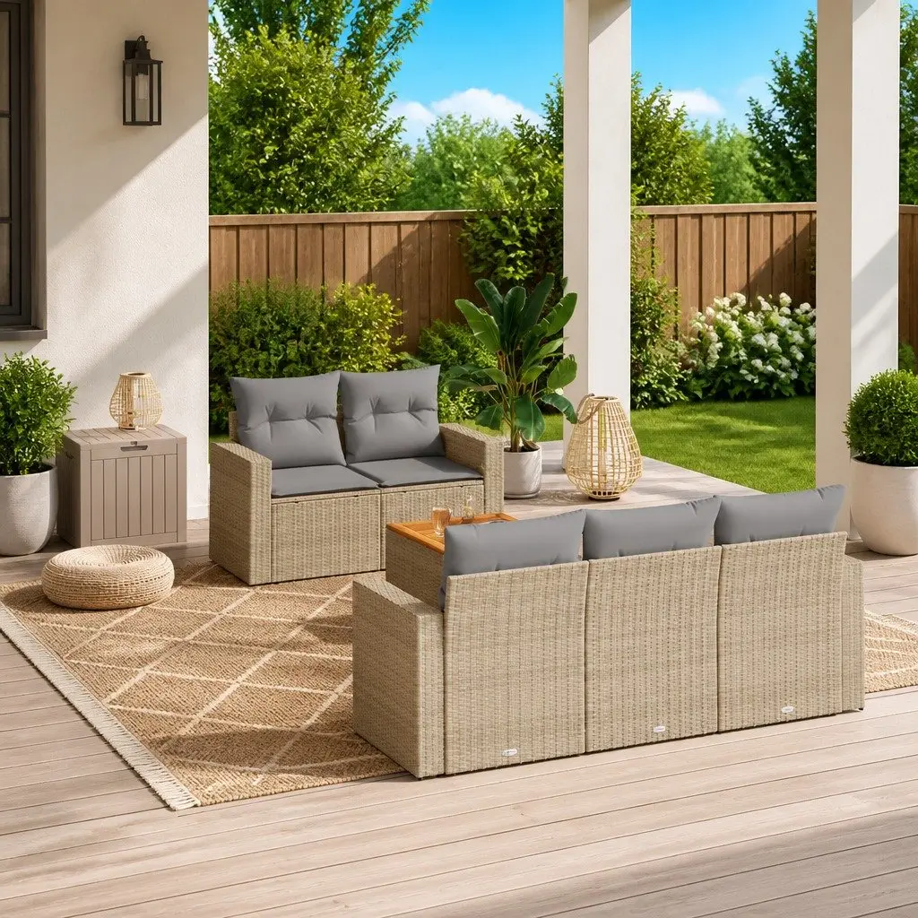 Garden Sofa Set PE Rattan Modular 6 Piece Outdoor Furniture Patio Beige with Cushions