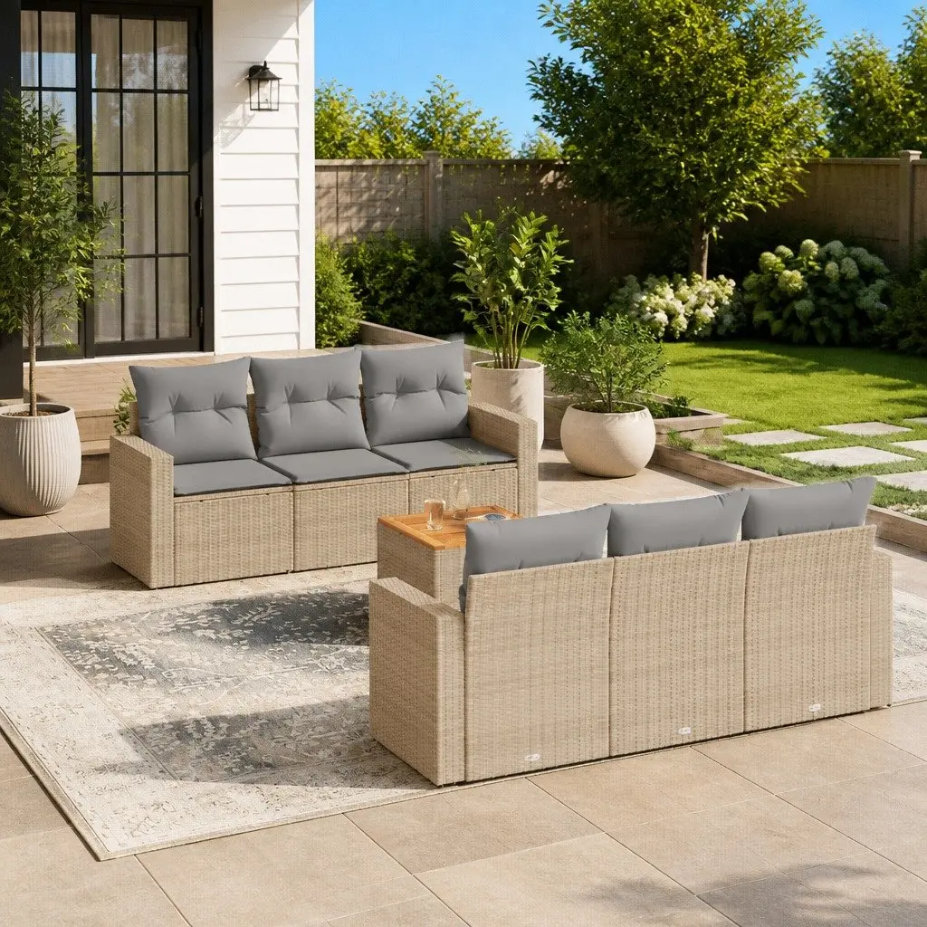 Garden Sofa Set 7 Piece Outdoor Furniture Patio Beige Cushions Poly Rattan
