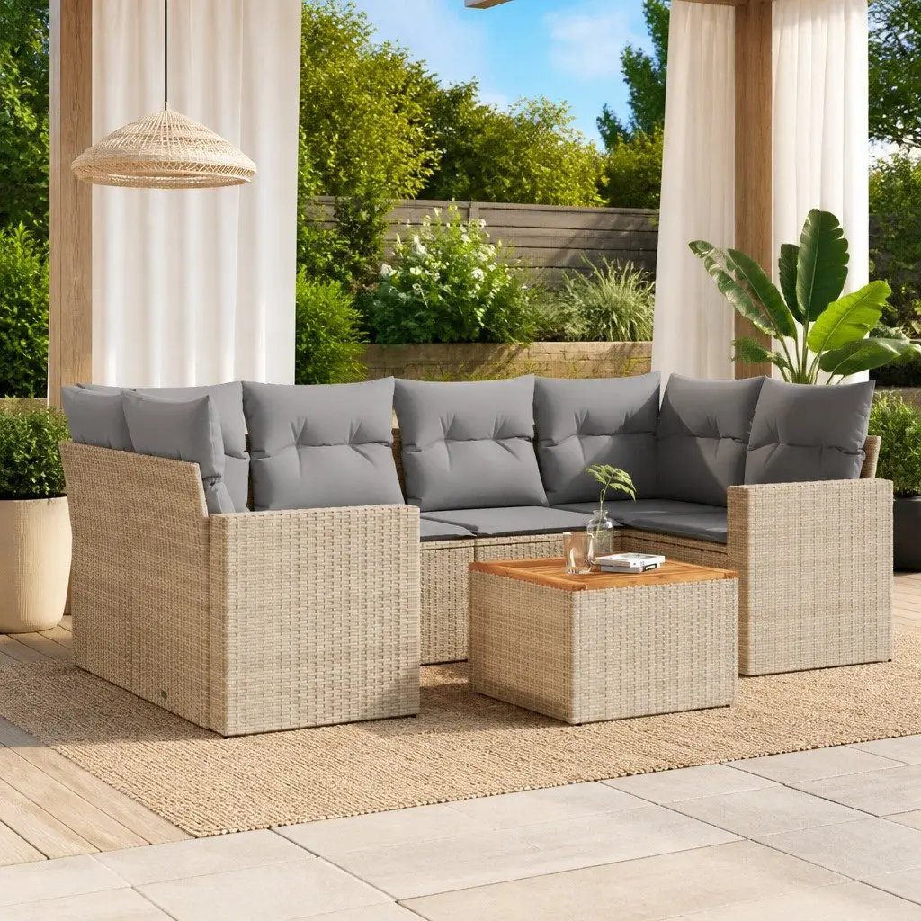 7 Piece Garden Sofa Set PE Rattan Modular Outdoor Furniture with Cushions Beige Acacia Wood Table Top