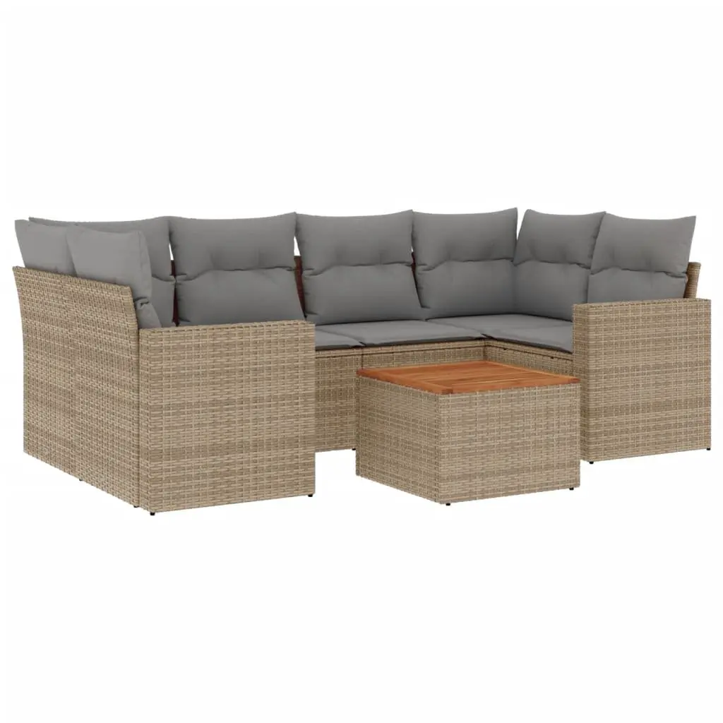 7 Piece Garden Sofa Set PE Rattan Modular Outdoor Furniture with Cushions Beige Acacia Wood Table Top