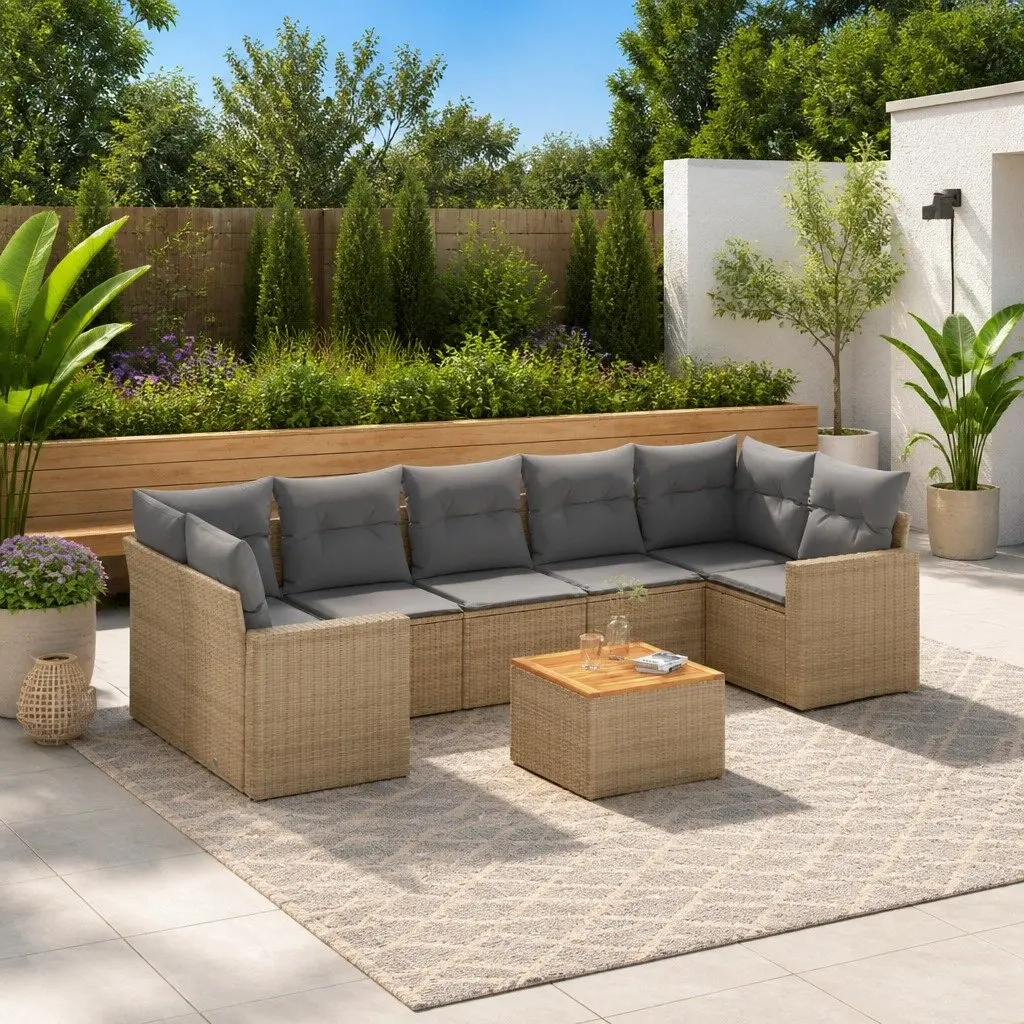 Garden Sofa Set PE Rattan Modular 8 Piece Outdoor Furniture Patio Lounge Beige Cushions