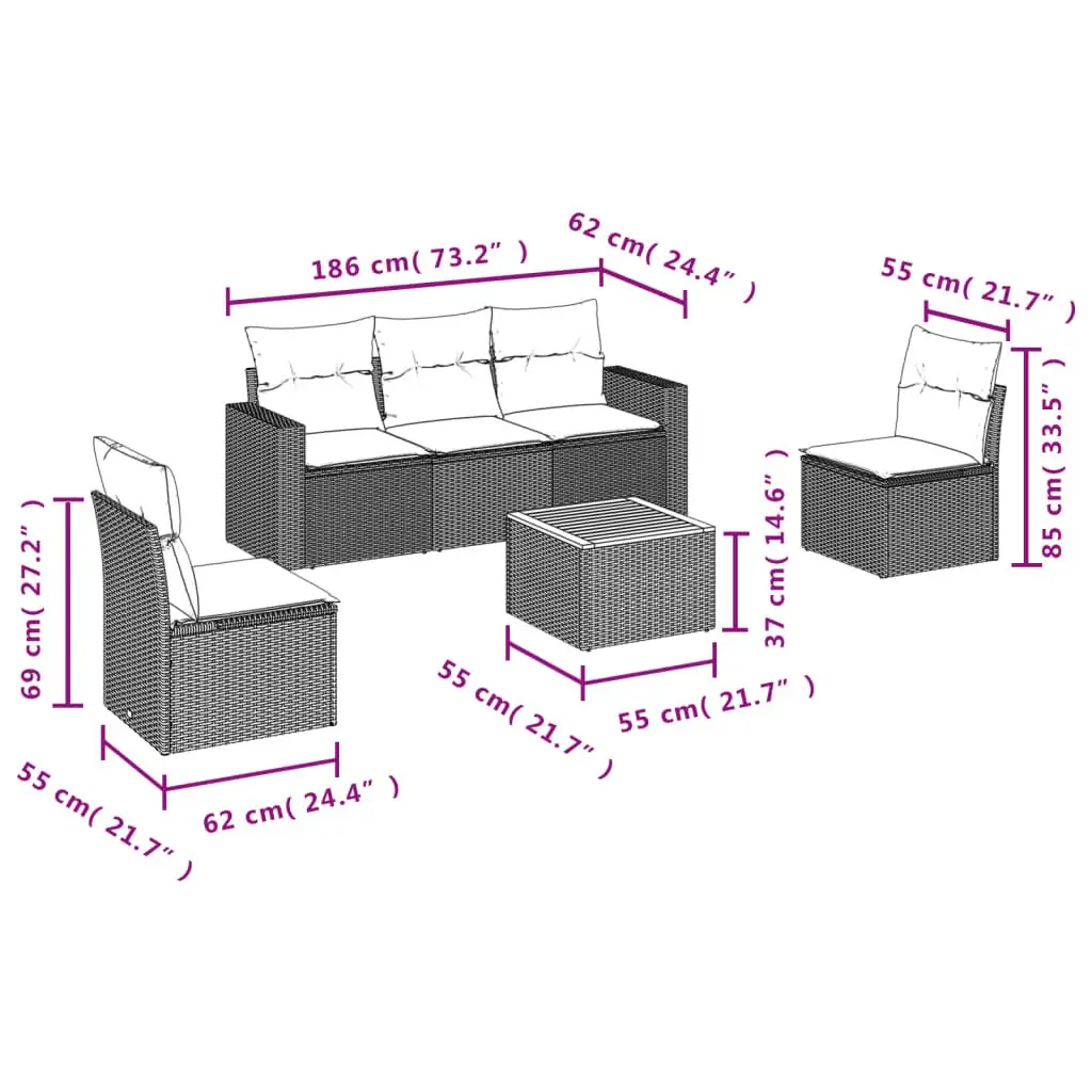 Garden Sofa Set 6 Piece Outdoor Furniture Beige Cushions Patio Seating