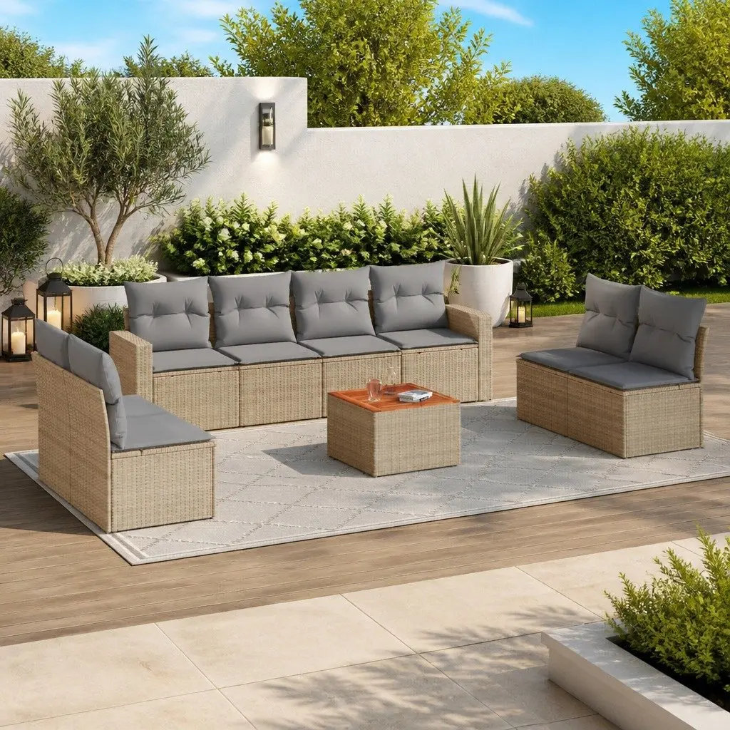 Garden Sofa Set 9 Piece Outdoor Furniture Lounge Suite Beige Rattan Cushions