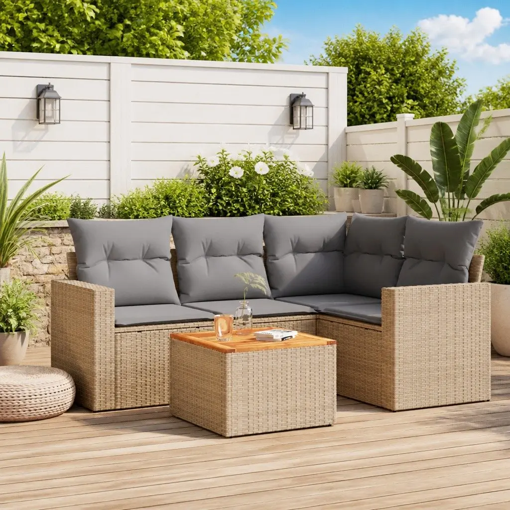Modular Rattan Garden Sofa Set 5 Piece Outdoor Furniture with Beige Cushions and Acacia Wood Tabletop