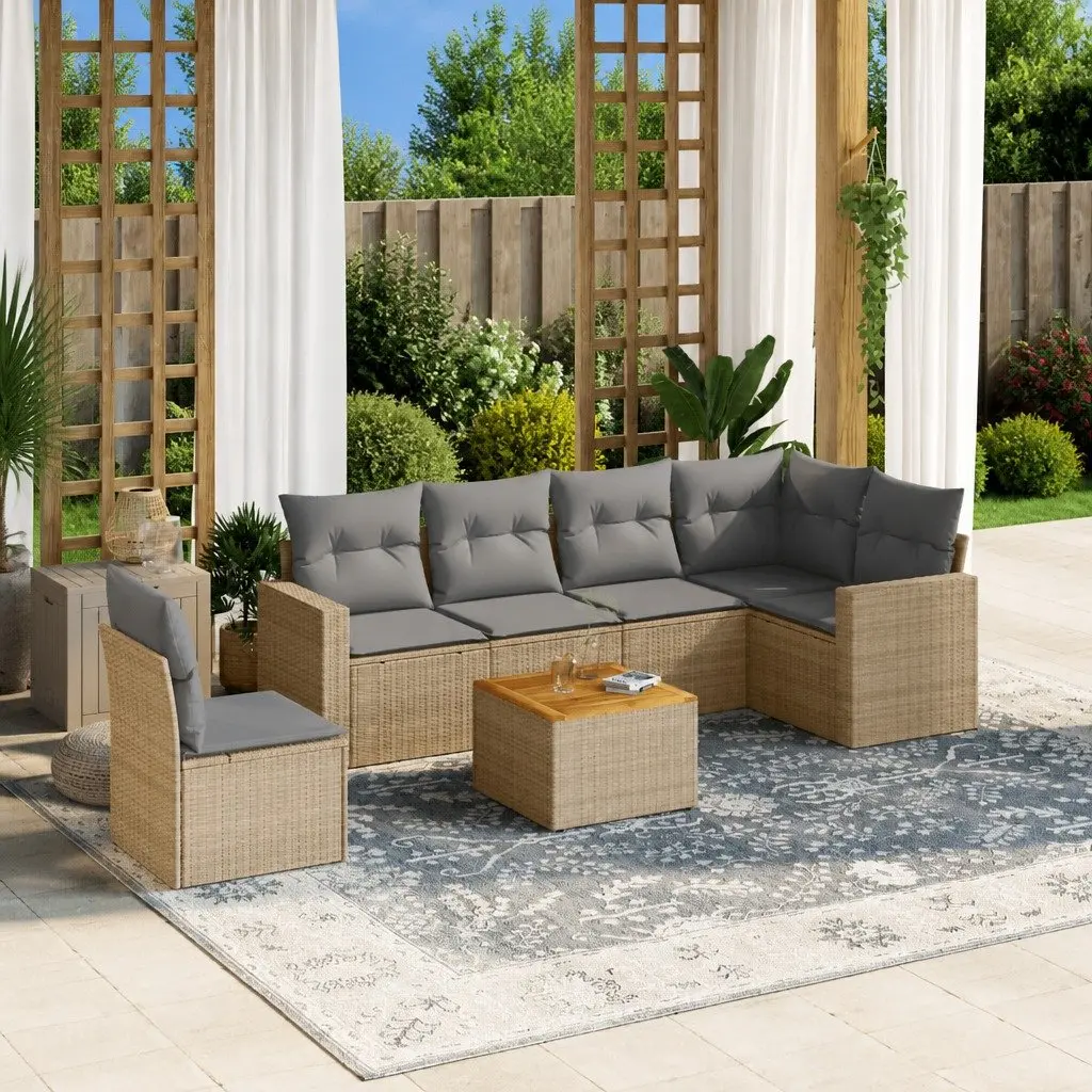 7 Piece Outdoor Garden Sofa Set Beige PE Rattan with Acacia Wood Tabletop and Cushions