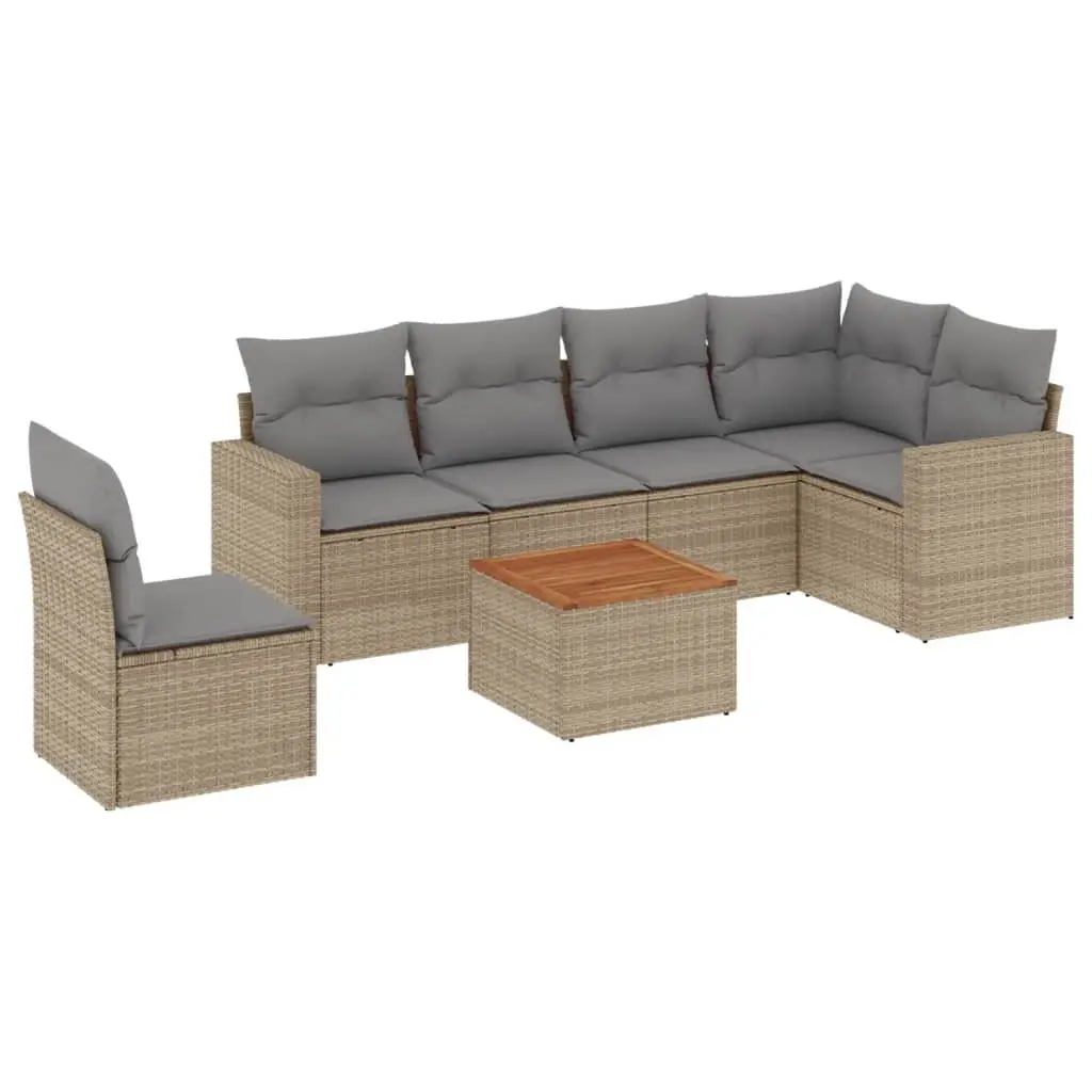 7 Piece Outdoor Garden Sofa Set Beige PE Rattan with Acacia Wood Tabletop and Cushions