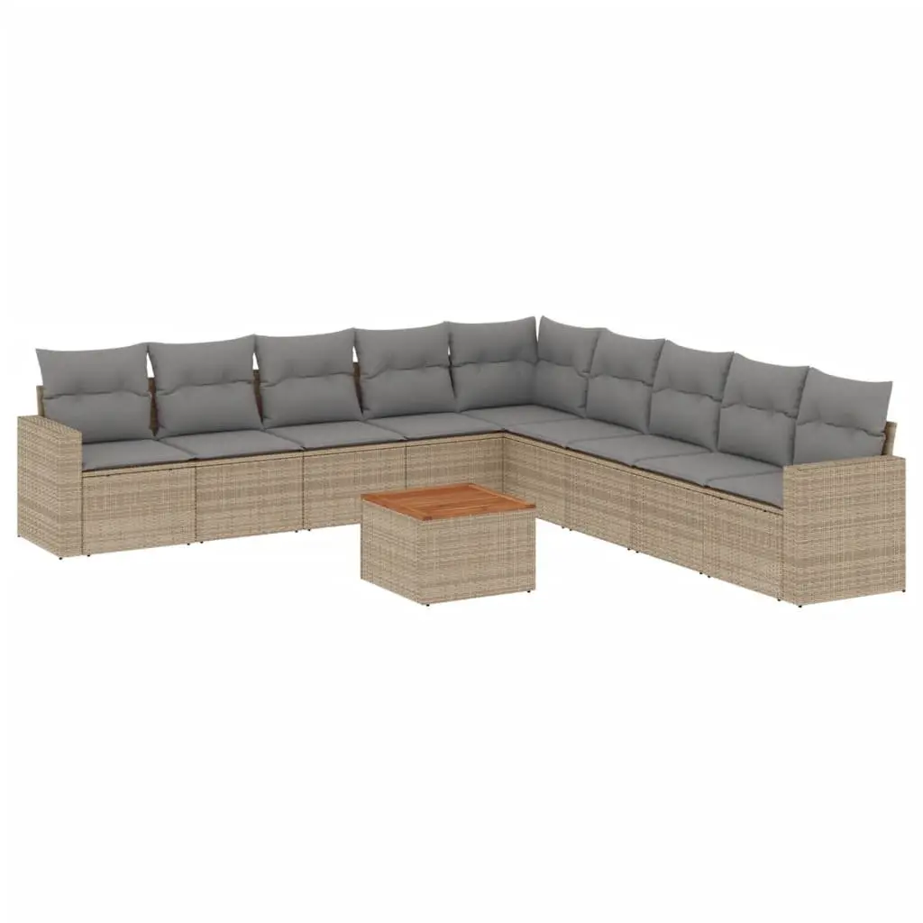Garden Sofa Set 10 Piece Poly Rattan Beige with Cushions Acacia Wood Table