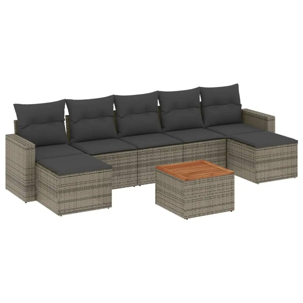 8 Piece Modular Garden Sofa Set Grey PE Poly Rattan with Acacia Wood Tabletop and Cushions for Outdoor Patio Furniture
