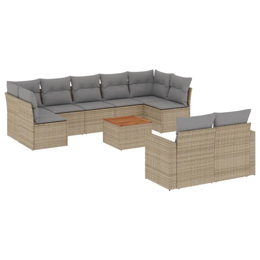 10 Piece Outdoor Sectional Sofa Set PE Rattan Beige with Acacia Wood Table Top