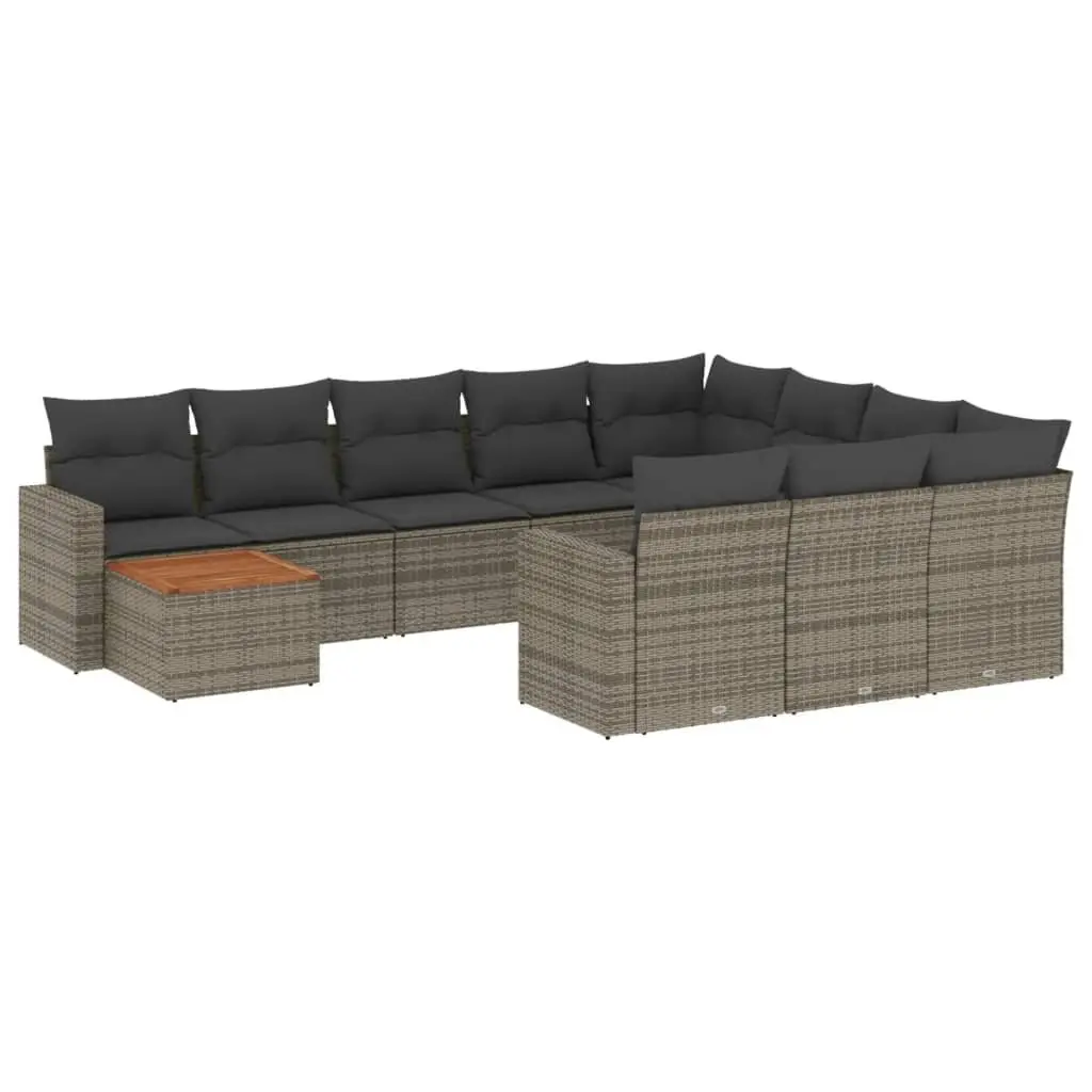 11 Piece Garden Sofa Set PE Rattan Grey Outdoor Sectional Furniture with Acacia Wood Tabletop and Cushions