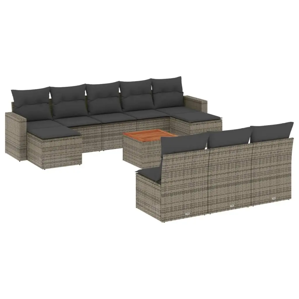 Outdoor Sectional Sofa Set 11 Piece Grey PE Rattan with Acacia Wood Table Top and Padded Cushions