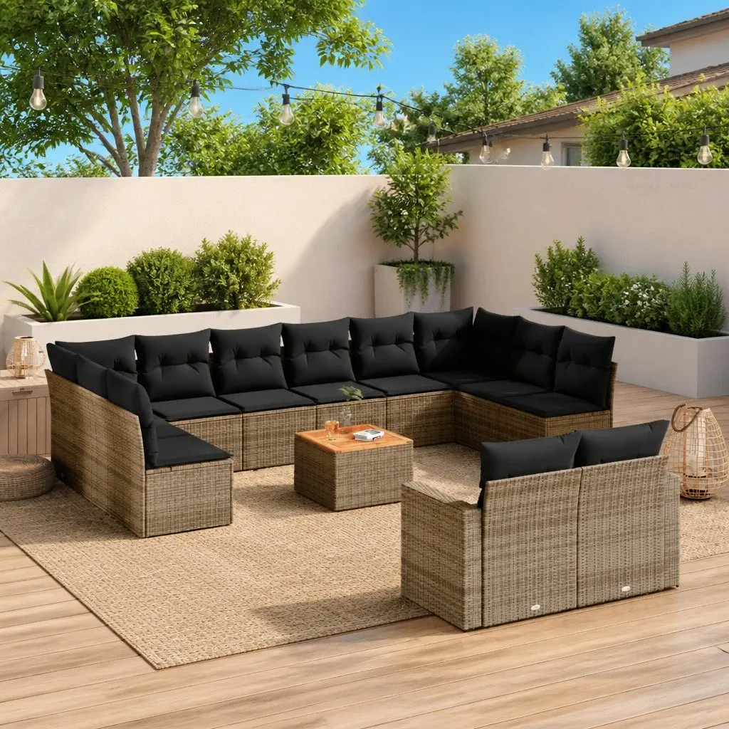 13 Piece Garden Sectional Sofa Set Grey PE Rattan Patio Furniture