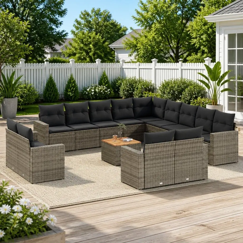14 Piece Outdoor Sectional Sofa Set Grey PE Rattan with Acacia Wood Table