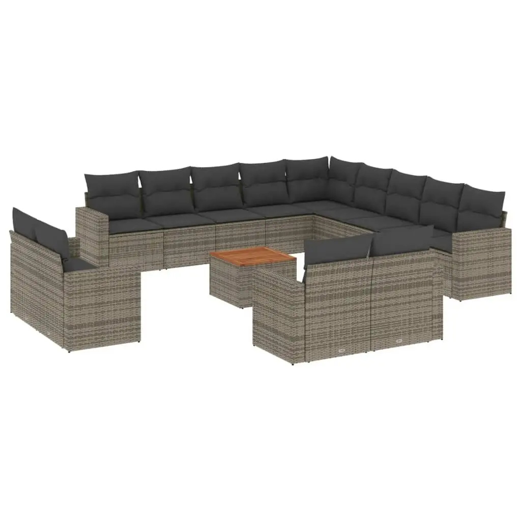 14 Piece Outdoor Sectional Sofa Set Grey PE Rattan with Acacia Wood Table