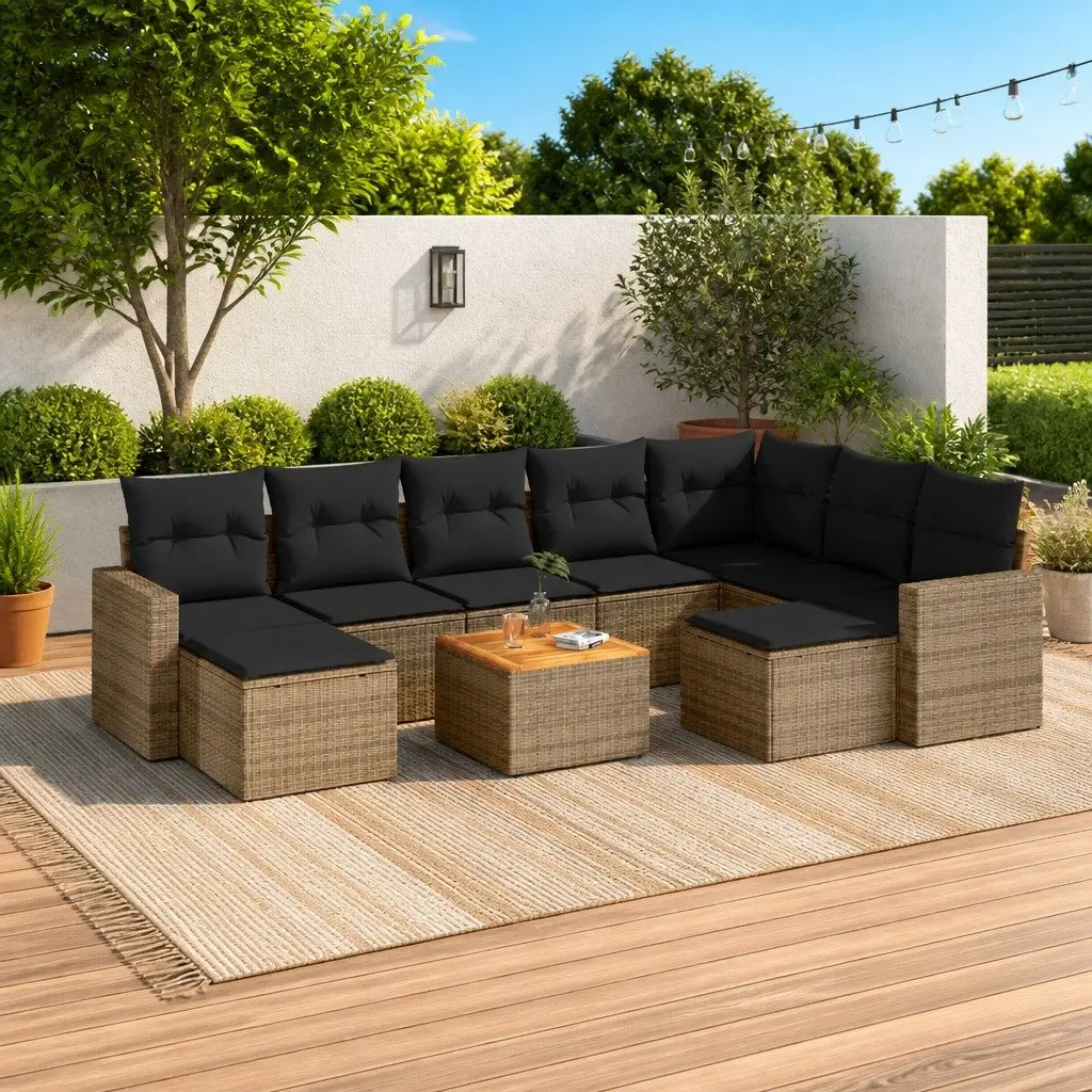 Outdoor Sofa Set 10 Piece Modular Grey PE Rattan with Acacia Wood Table and Thick Cushions