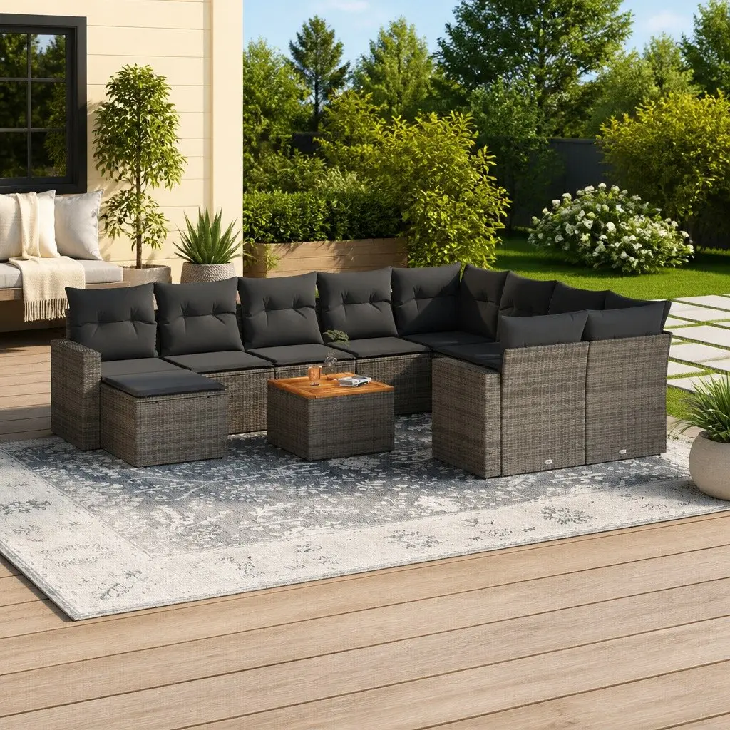 Outdoor Sectional Sofa Set Grey PE Rattan 11 Piece Garden Furniture