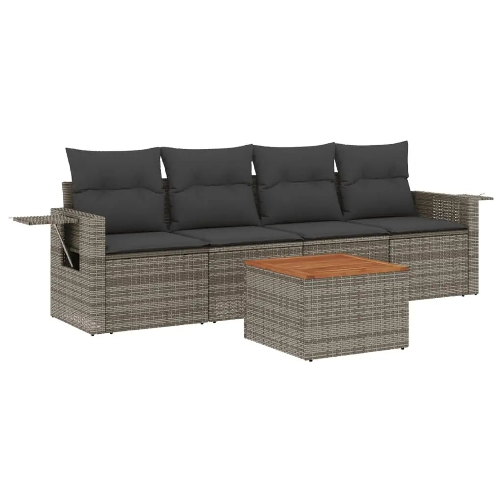 5 Piece Modular Outdoor Sofa Set Grey PE Rattan with Acacia Wood Table and Removable Cushion Covers for Garden and Patio