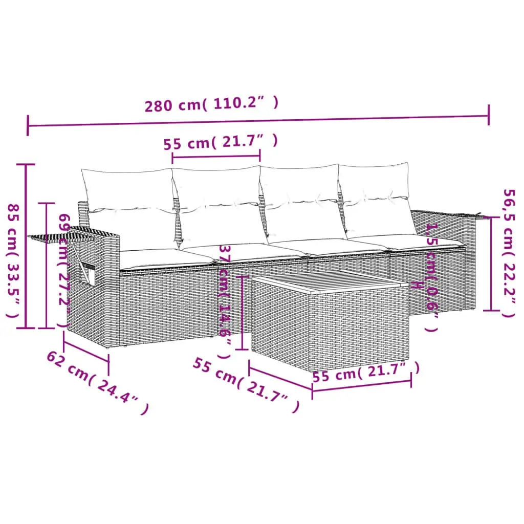 5 Piece Modular Outdoor Sofa Set Grey PE Rattan with Acacia Wood Table and Removable Cushion Covers for Garden and Patio
