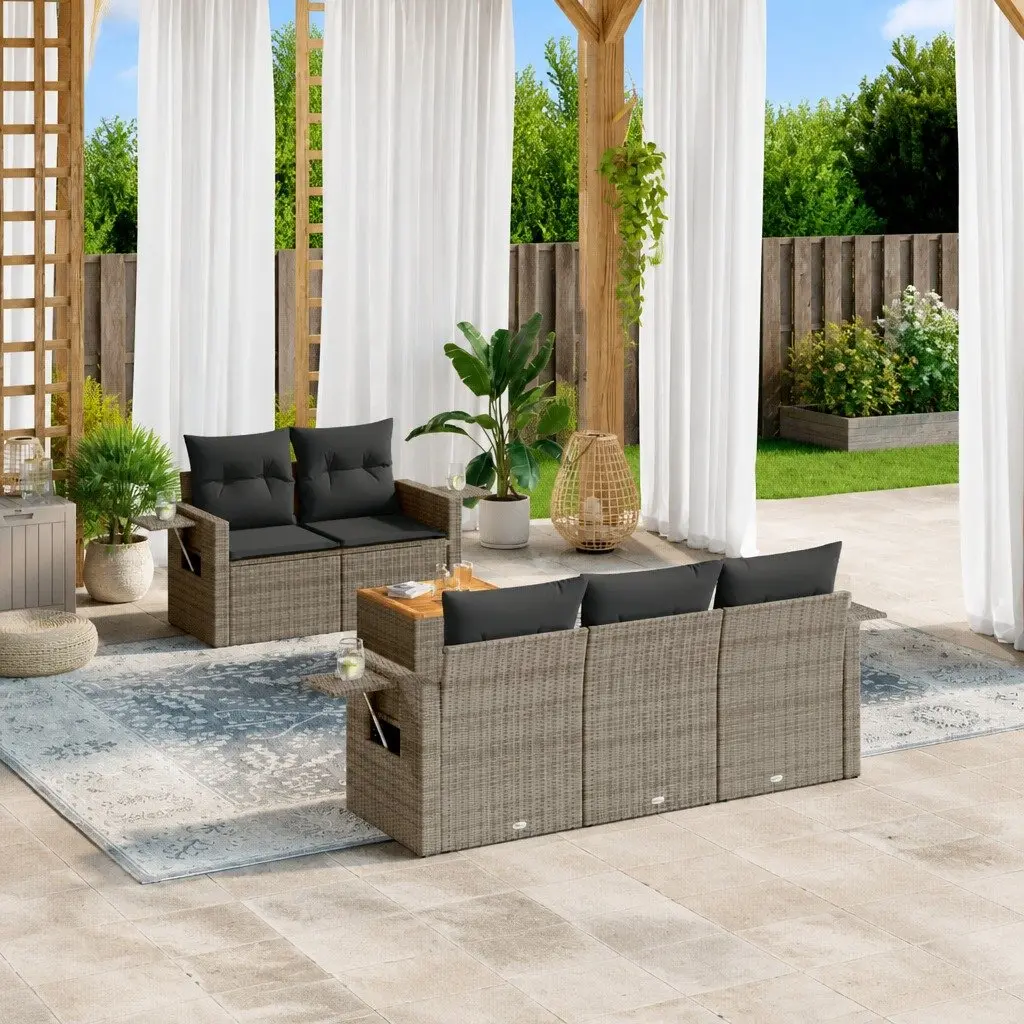 Outdoor Sectional Sofa Set PE Rattan 6 Piece Grey Modular Garden Furniture with Acacia Wood Table
