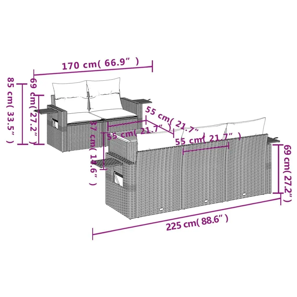 Outdoor Sectional Sofa Set PE Rattan 6 Piece Grey Modular Garden Furniture with Acacia Wood Table