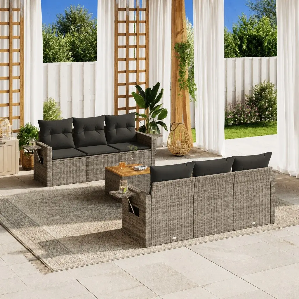7 Piece Outdoor Garden Sofa Set Grey PE Rattan Sectional with Acacia Wood Table Top