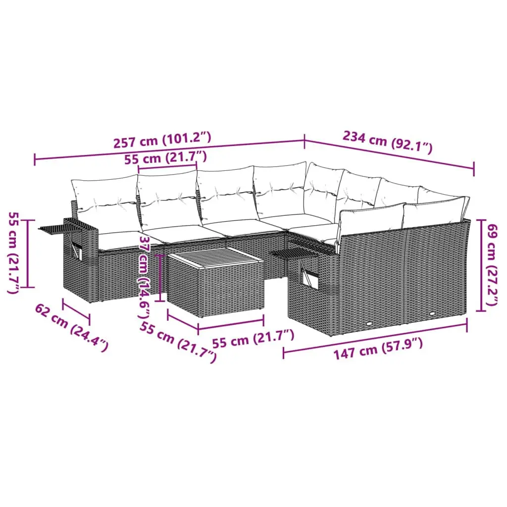 Outdoor Sectional Sofa Set 9 Piece Garden Furniture Grey Poly Rattan with