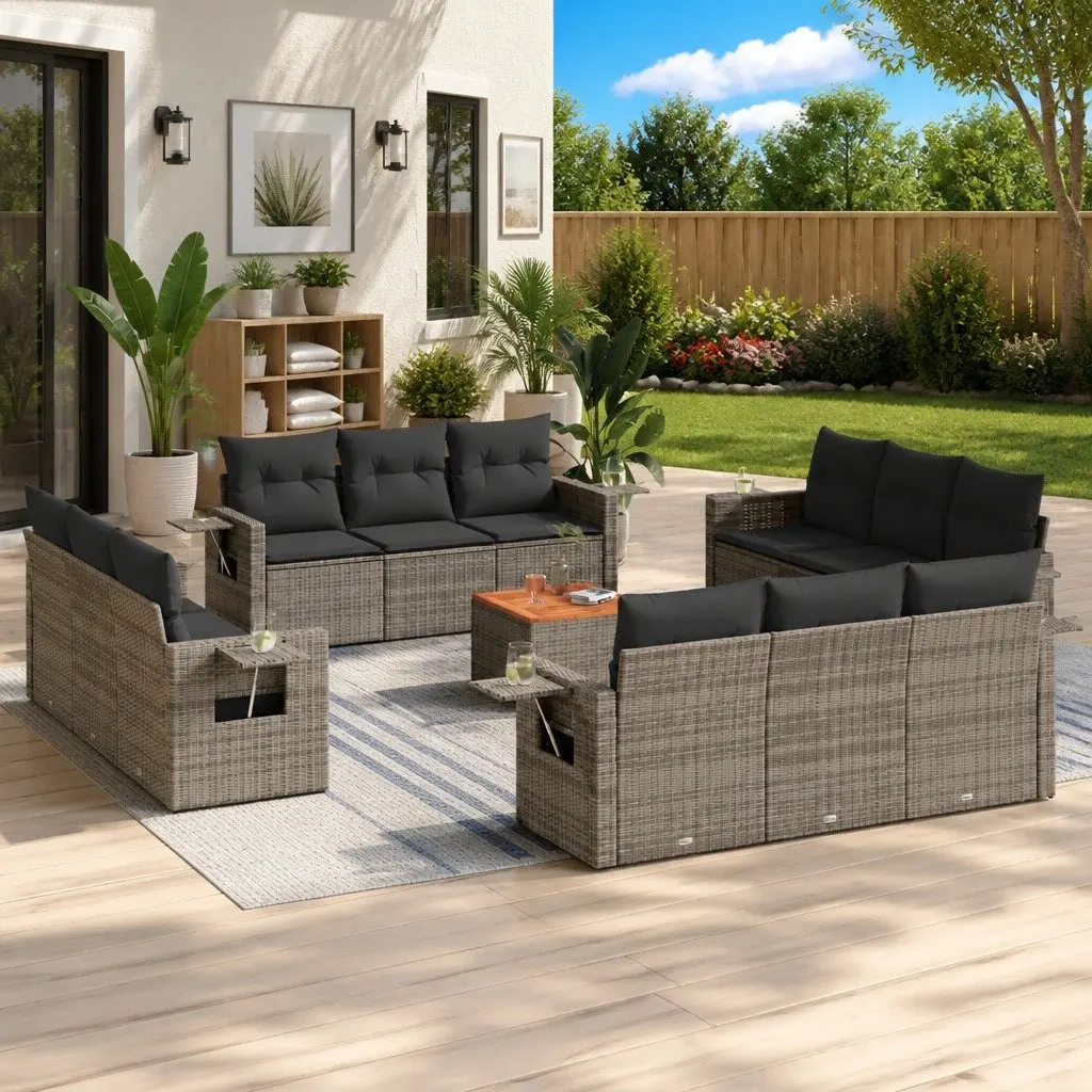 Outdoor Sofa Set PE Rattan 13 Piece Grey Modular Garden Furniture with Acacia Wood Table