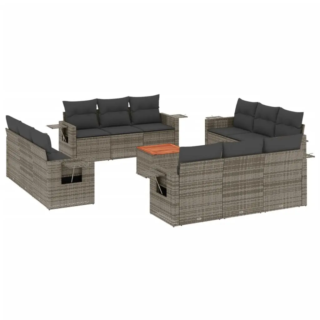 Outdoor Sofa Set PE Rattan 13 Piece Grey Modular Garden Furniture with Acacia Wood Table