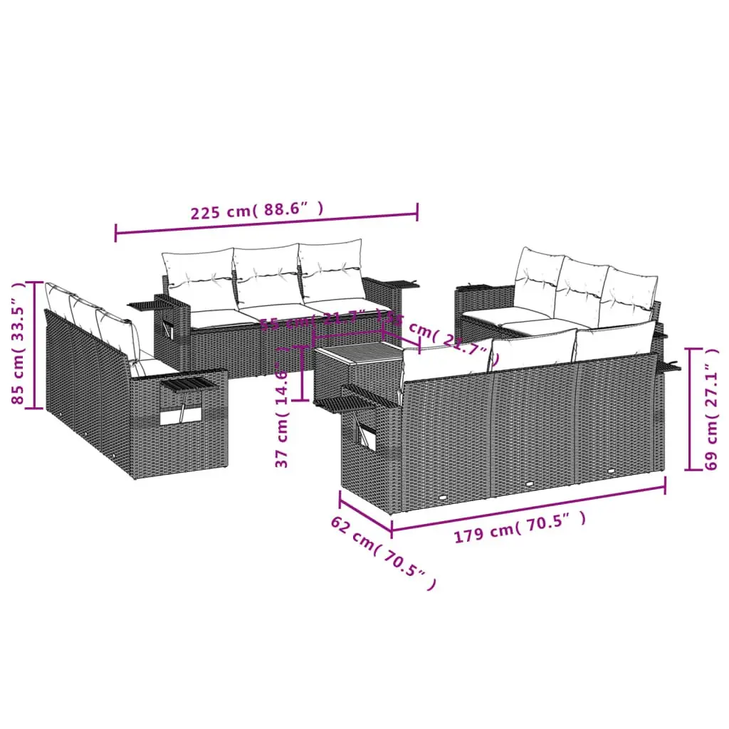 Outdoor Sofa Set PE Rattan 13 Piece Grey Modular Garden Furniture with Acacia Wood Table