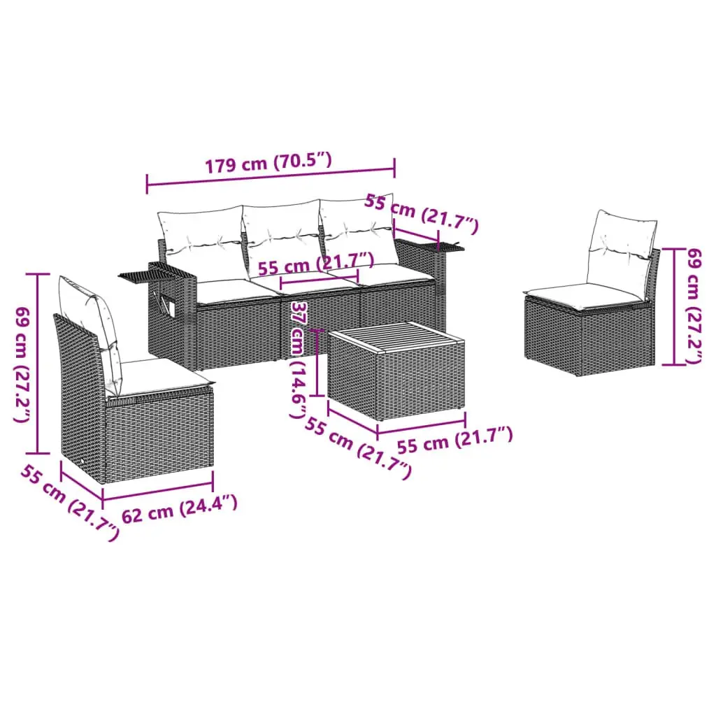 6 Piece Outdoor Garden Sofa Set PE Rattan Grey with Cushions and Acacia Wood Table