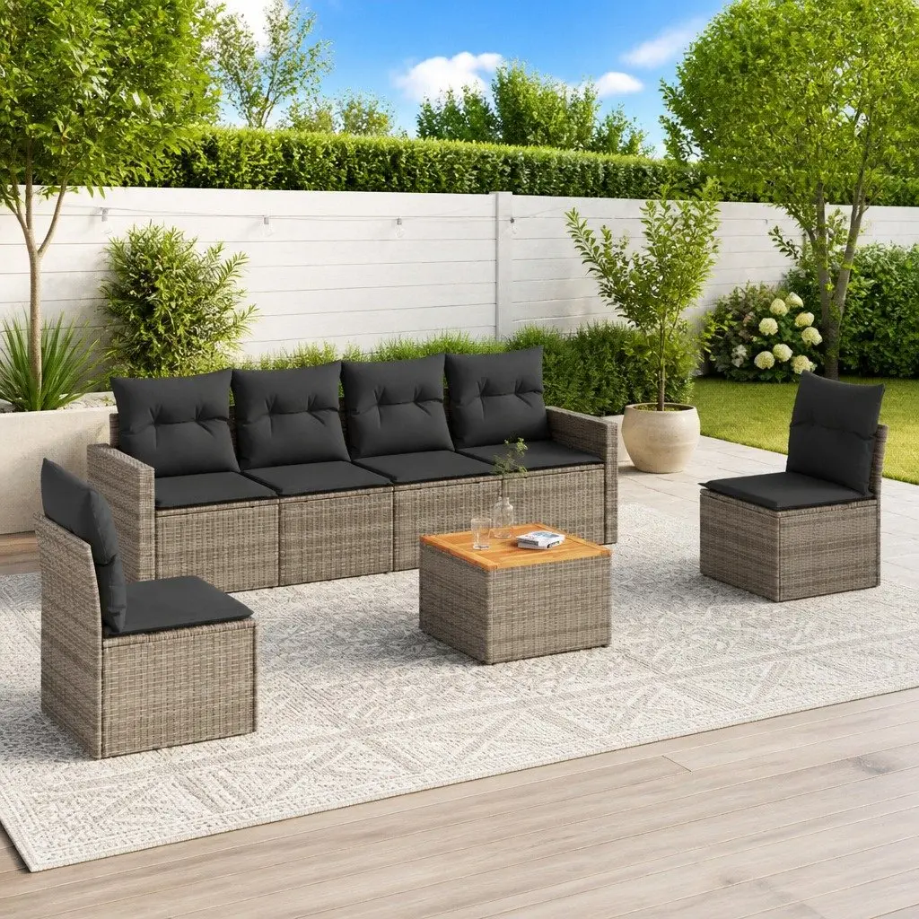 Outdoor Sectional Sofa Set 7 Piece Modular Grey PE Rattan with Acacia Wood Table