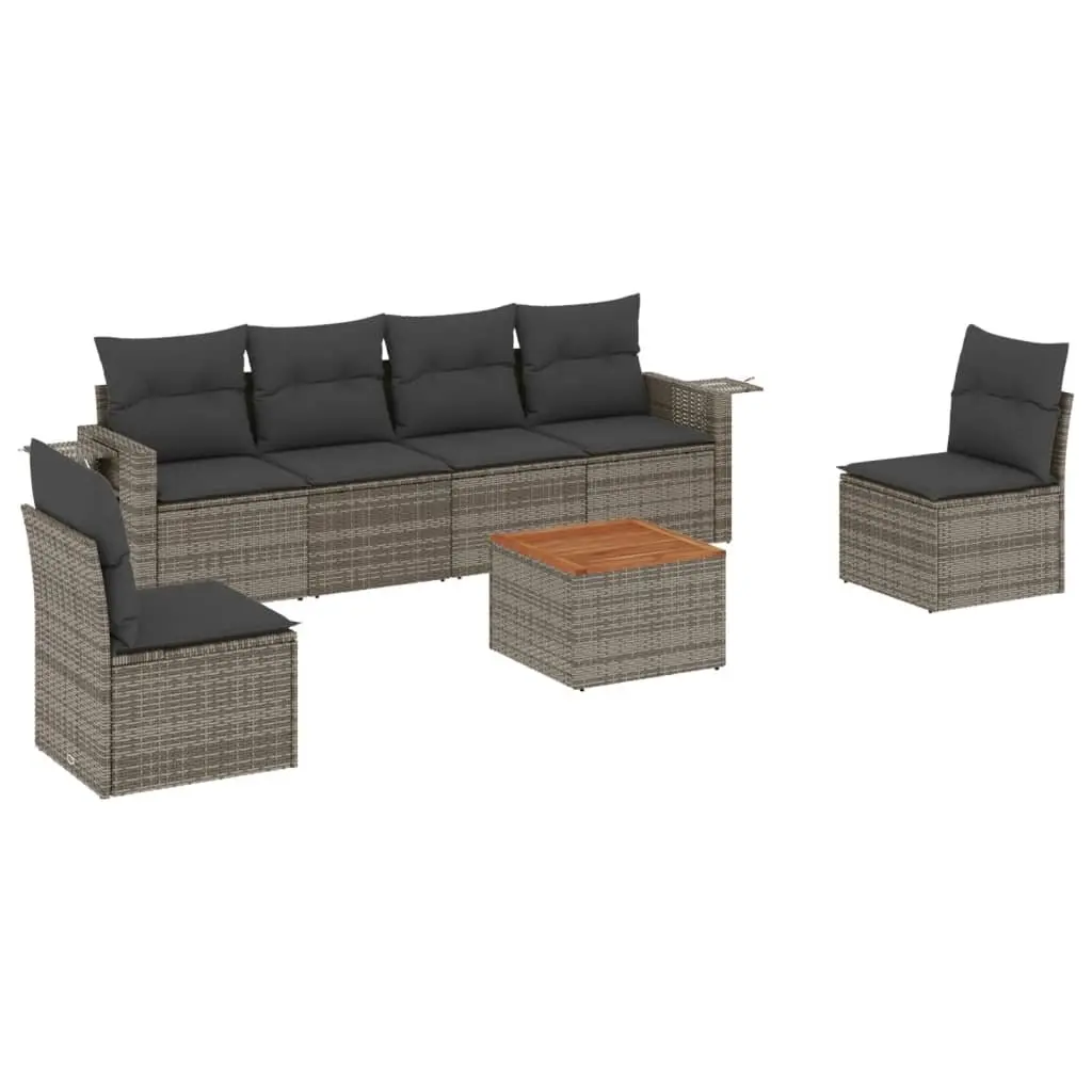 Outdoor Sectional Sofa Set 7 Piece Modular Grey PE Rattan with Acacia Wood Table