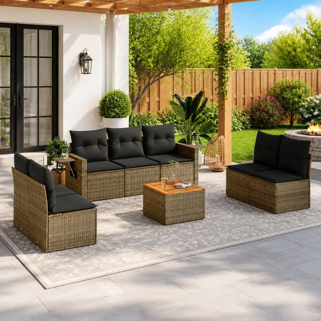 Outdoor Sectional Sofa Set PE Rattan 8 Piece Grey with Cushions and Foldable Side Table
