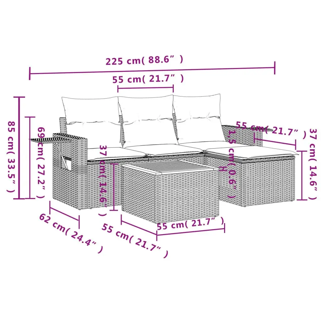 Outdoor Sectional Sofa Set 5 Piece Grey PE Rattan with Acacia Wood Table