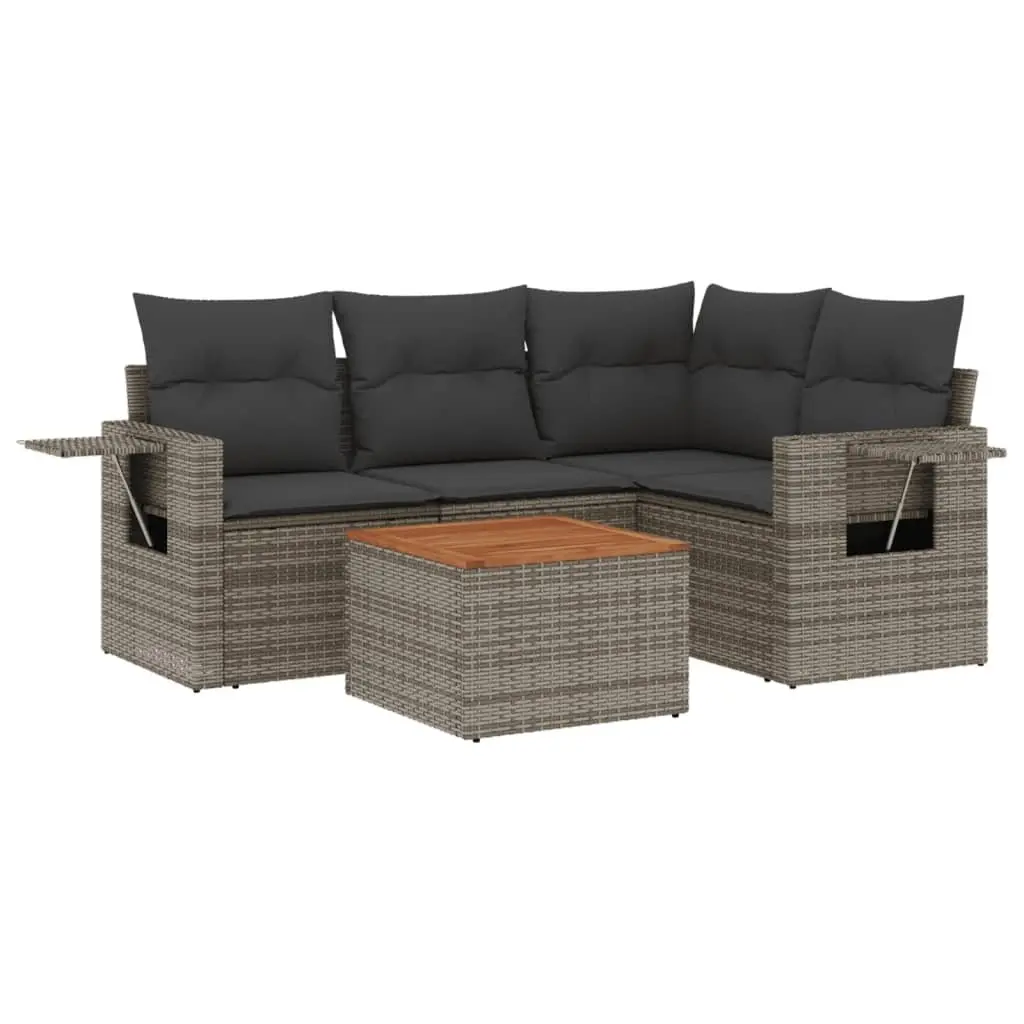 5 Piece Outdoor Sectional Sofa Set Grey PE Rattan with Acacia Wood Table