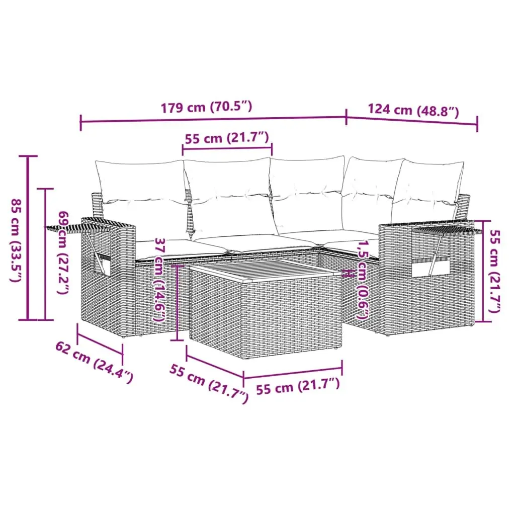 5 Piece Outdoor Sectional Sofa Set Grey PE Rattan with Acacia Wood Table