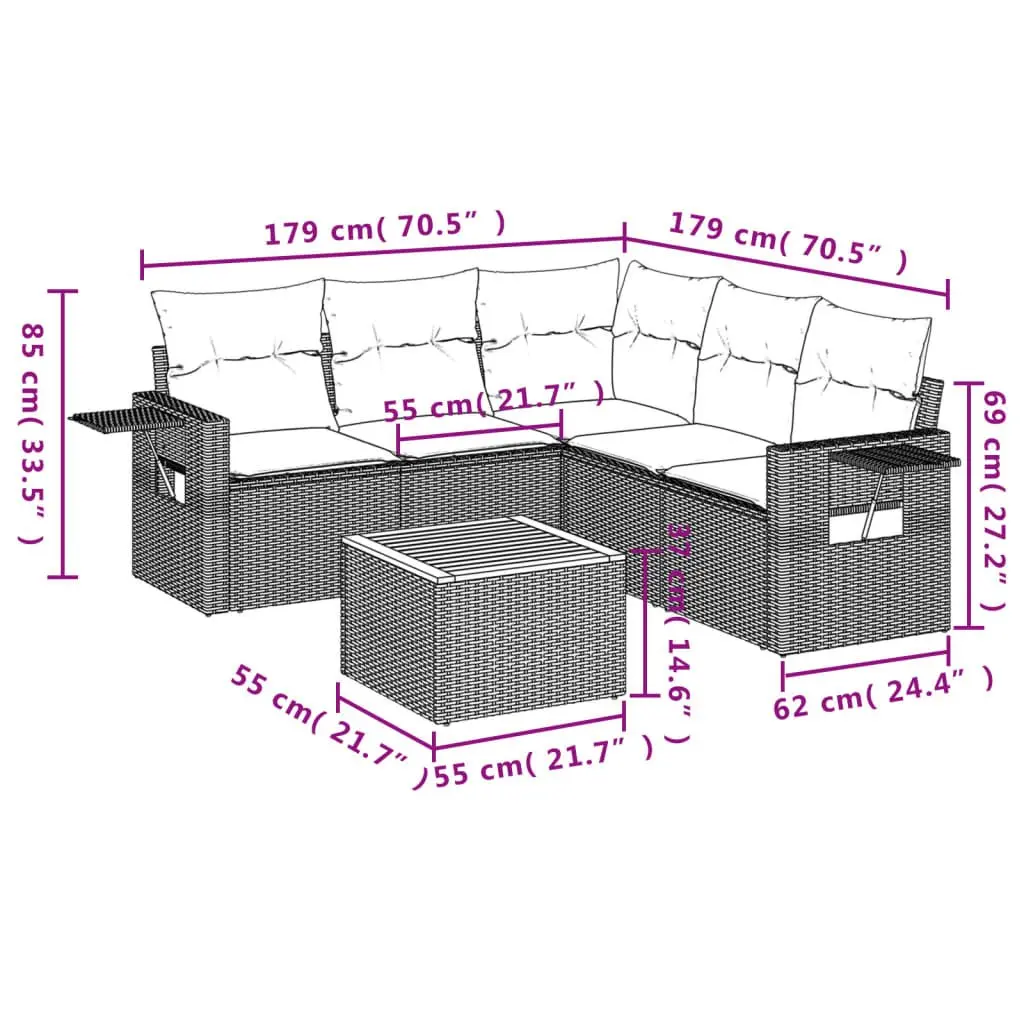 Outdoor Sectional Sofa Set 6 Piece Grey Poly Rattan Garden Furniture with