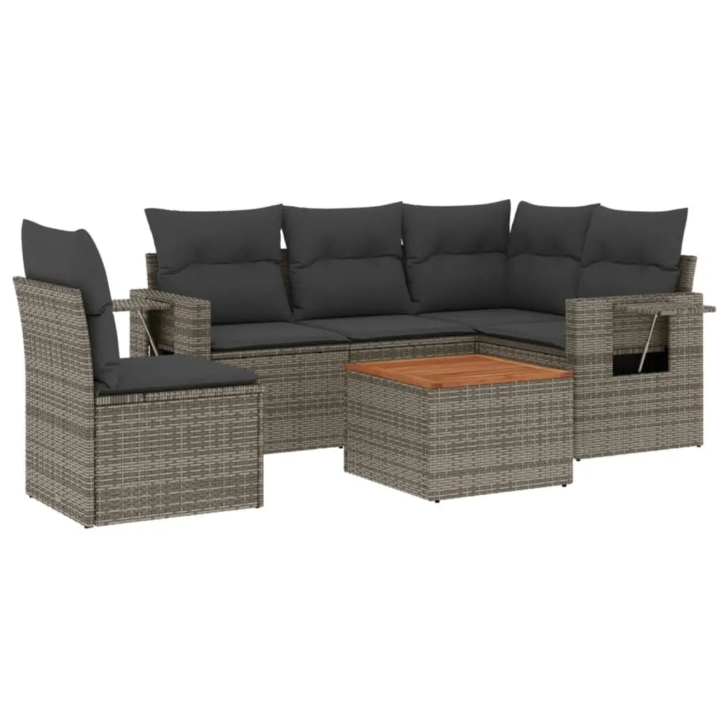 Outdoor Sectional Sofa Set PE Rattan 6 Piece Grey with Acacia Wood Tabletop