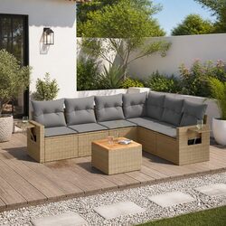 Comfortable 7 Piece Outdoor Sofa Set in Beige Rattan with Cushions