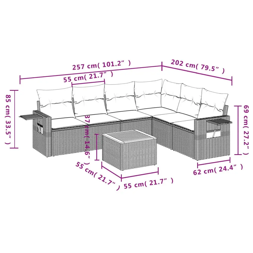 Outdoor Sectional Sofa Set 7 Piece Garden Furniture Grey Poly Rattan with