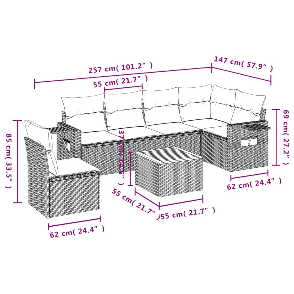 7PieceGardenSofaSetModularGreyPErattanwithCushionsandFoldableSideTableforOutdoorLiving
