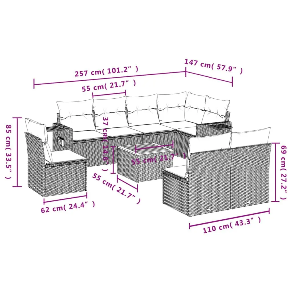 Outdoor Sectional Sofa Set 9 Piece Grey Garden Furniture with Cushions Table