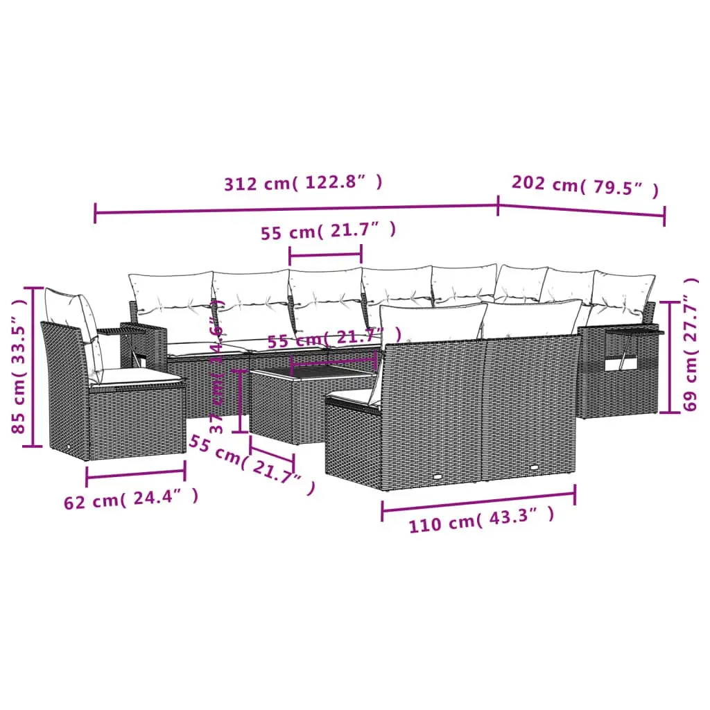 Outdoor Sectional Sofa Set 11 Piece Grey Poly Rattan Garden Furniture Patio