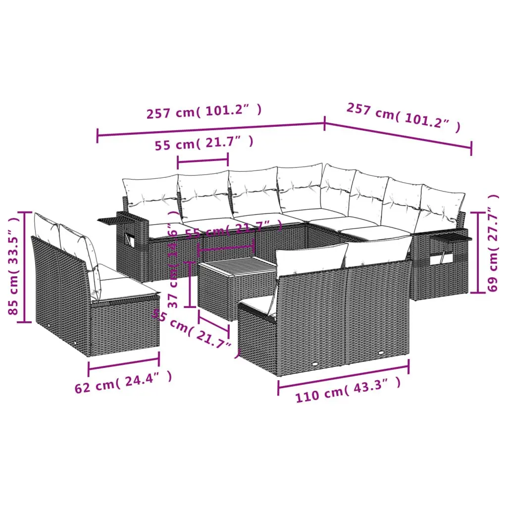 12 Piece Outdoor Sectional Sofa Set Grey Poly Rattan Garden Furniture with