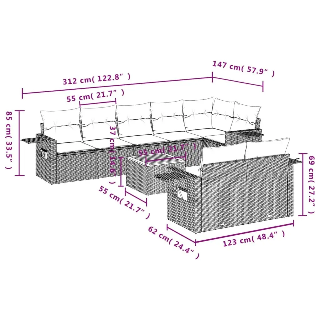 Garden Sofa Set 9 Piece Outdoor Sectional Grey Poly Rattan Patio Furniture with