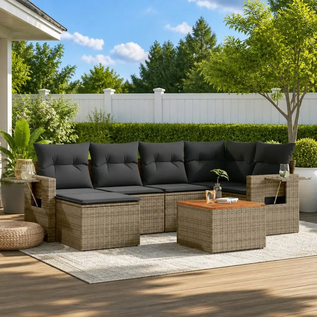 7-Piece Outdoor Garden Sofa Set Grey Cushions Poly Rattan Patio Sectional