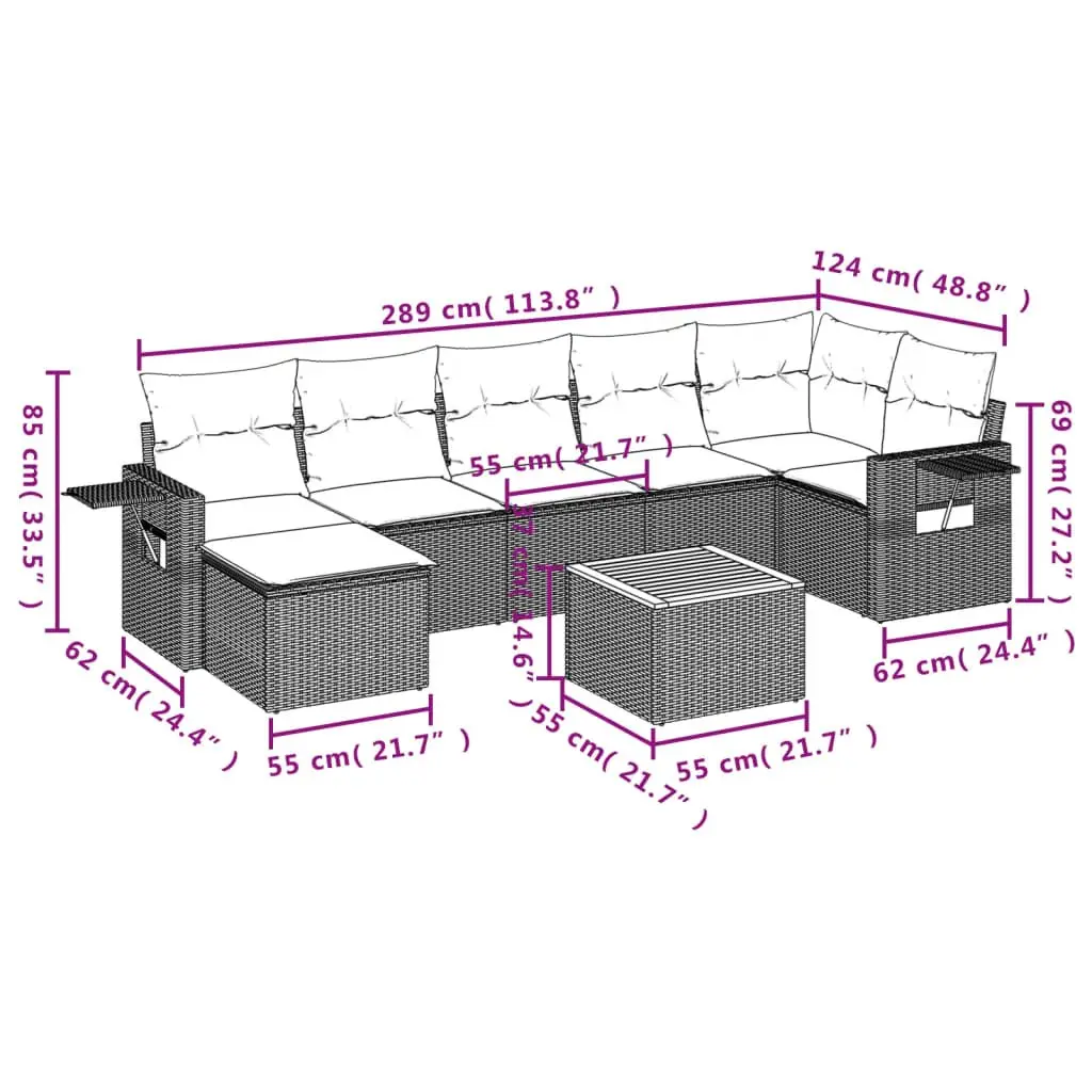 Outdoor Sectional Sofa Set 8 Piece Garden Furniture Grey Poly Rattan with