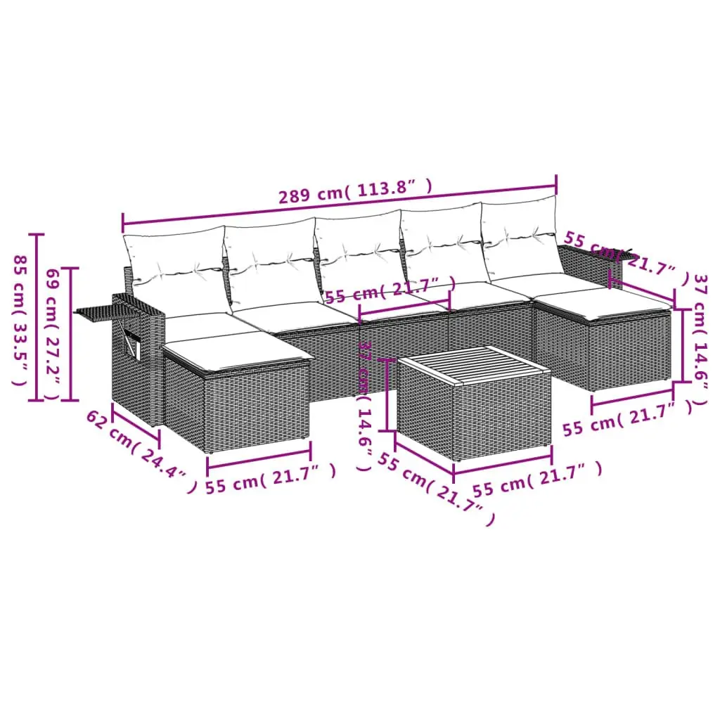 Outdoor Sectional Sofa Set 8 Piece Garden Furniture Grey Rattan with Cushions