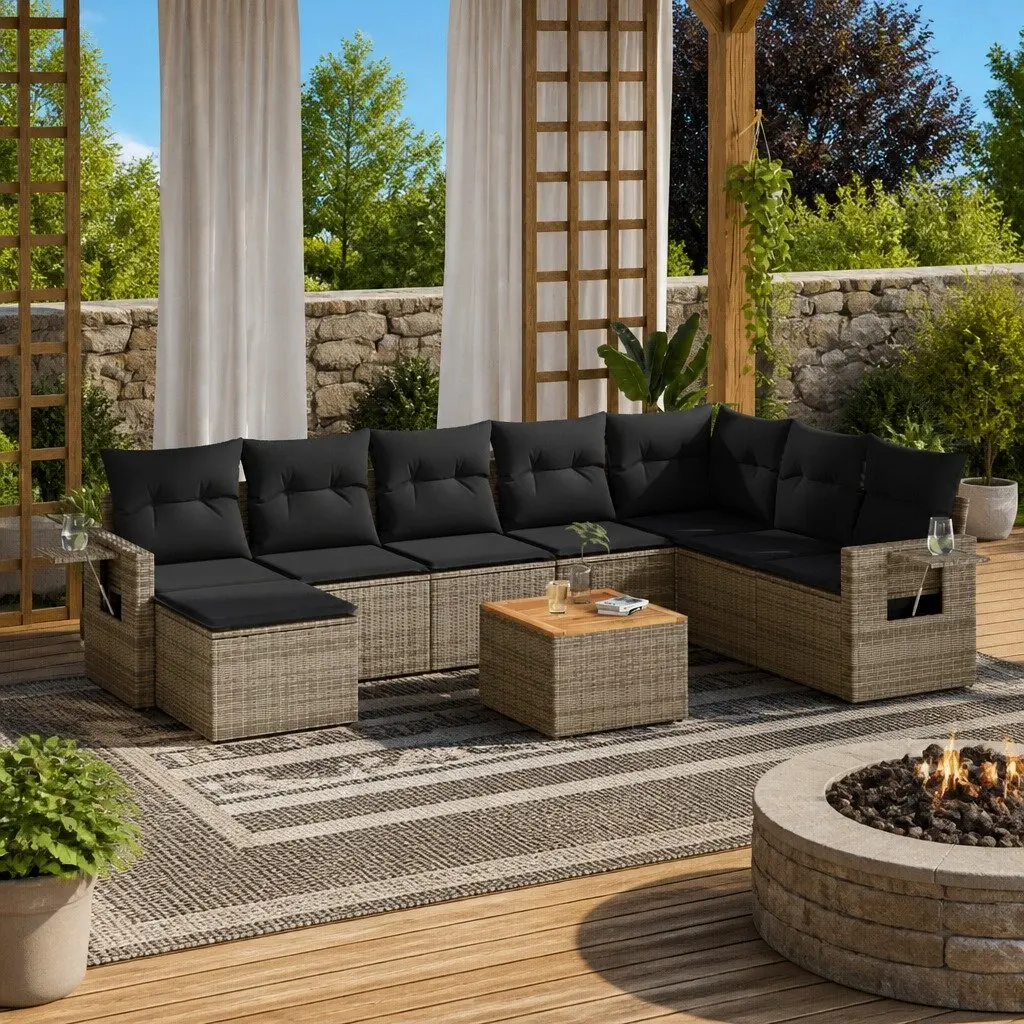 9 Piece Outdoor Sectional Sofa Set Grey PE Poly Rattan with Acacia Wood Table