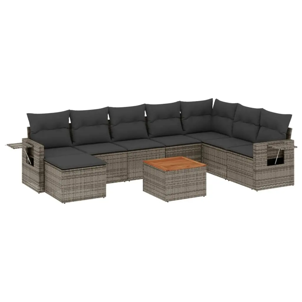 9 Piece Outdoor Sectional Sofa Set Grey PE Poly Rattan with Acacia Wood Table